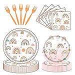 Birthday Party Tableware Set Birthday Party Supplies Plates Serves 24 Guests,96 Pieces of Paper Plates Napkins Forks for Baby Boy Kids Birthday Decorations (Boho Rainbow, 96pcs)