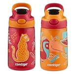 Contigo Aubrey Kids Cleanable Water Bottle with Silicone Straw and Spill-Proof Lid, Dishwasher Safe, 14oz 2-Pack, Cheetah & Toucans