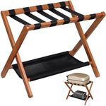 Luggage Rack (Pack of 1) Folding Suitcase Stand with Storage Shelf, for Guest Room, Suitcase Stand, Hotel, Bedroom, Heavy-Duty, Holds up to 130 lbs, Upgraded Wood Foldable Suitcase with 5 Nylon Straps