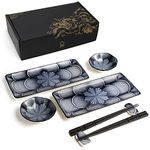 ELUSH 8 Piece Japanese Style Ceramic Sushi Plate Set 10-inch rectangle sushi dishes- 2 Sushi Plates, 2 Sauce Dishes, 2 Pairs of Chopsticks, 2 Chopsticks Holders