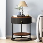 OIOG Round End Table with Drawer, Modern Wood Grain Side Table with Shelf, 2-Tier Nightstand with Drawer for Living Room, Bedroom, Rustic Brown and Black