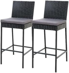 Gardeon Set of 2 Wicker Outdoor Bar Stools, Patio Chairs Bistro Dining Lounge Garden Pool Backyard Deck Furniture, Water-Resistant Backrest Stool with Footrest Black