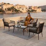 LOCCUS Outdoor 4 Seater Rope Sofa Conversation Set with Comfortable All Weather Water-Resistant Cushions and Glass Top Center Table for Garden,Patio,Poolside (Beige & Brown)