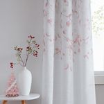 Central Park Leaf Floral Print Metallic Sheer Linen Window Curtain Panel for Rustic Living Room/Bedroom Sparkling Decorative 6 Grommets Top Drape Panels Farmhouse Curtains, Coral Red,40" x 63"x2, 2 PK