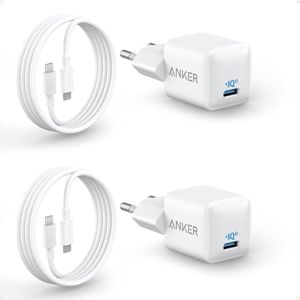 Anker Cargador USB C 20 W*2, Cargador 511 (Nano), Cargador rápido Compacto y Duradero PIQ 3.0 para iPhone 15/15 Plus/15 Pro/15 Pro MAX/iPad Pro/iPad/iPad Mini(+ 2 Cables USB C a USB C de 180 cm)