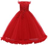 Girls Embroidery Flower Lace Long A Line Pageant Dress Floor Length Princess Prom Tulle Maxi Gown for Wedding Party Birthday, Red, 3-4 Years