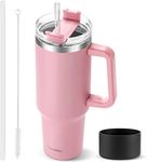 40 oz Tumbler with Handle and Straw, Pink Insulated Travel Mug Iced Coffee Cup, Reusable Stainless Steel Insulated Water Bottle, Keeps Drinks Cold for 34 Hours, Dishwasher Safe, BPA Free