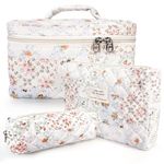 GISMTR 3Pcs Cotton Quilted Makeup Bag Large Travel Cosmetic Bag Coquette Makeup Pouch Cute Aesthetic Floral Toiletry Bag for Women Girls, flower-U, Cute