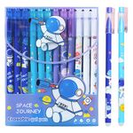 WISHKEY Plastic Astronaut Theme Pens for Kids, Erasable Ink 0.5mm Stationery Gel Pen Set for Girls & Boys, Adorable Colorful Pen for Project Work, Journal, Art and Craft, Blue Ink, 8+Years (Set of 12)