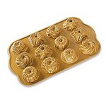 Nordic Ware Bundt Charms Pan, 3D Cast Aluminium Bundt Tin, Bundt Cake Tin with Geometric Pattern, Cake Mould Colour: Gold