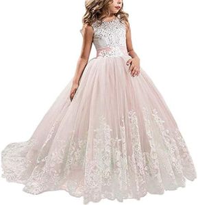 NNJXD Ragazze Pizzo Ricamo Fiore Matrimonio Festa di Compleanno Principessa Abito Coda Lunga Dimensione (140) 8-9 Anni 406 Rosa-A