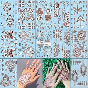 Xmasir 12 Sheets Two-Colors Henna Tattoo Stickers, Waterproof Temporary Tattoo Stencil Sets Indian Arabian Temporary Tattoo Templates Kit for Body Art Paint (Bicolor)