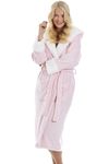 Camille Women's Super Soft Fleece Dressing Gown - Deep Pile Luxury Sherpa Lined Hooded Bathrobe - Long Sleeved, Belt Fastening & Front Pockets Pink 14-16