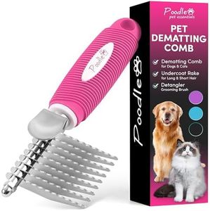 Poodle Pet Dematting Fur Rake Comb Brush Tool - Dog and Cat Comb with Long 2.5 Inches Steel Safety Blades for Detangling Matted or Knotted Undercoat Hair (Pink, Dematting Comb)