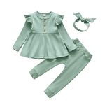 Toddler Baby Girl Clothes Outfits Infant Ruffle Solid Color Long Sleeve Top Pants Headband 3pcs Set Green 2-3T