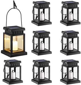 GIGALUMI 8 Pack Solar Hanging Lantern Outdoor, Candle Effect Light with Stakes for Garden, Patio, Lawn, Deck, Umbrella, Tent, Tree, Yard, Driveway-Warm White