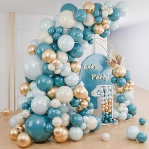 Kit Arco Palloncini Blu - 109 Pezzi Catena Per Palloncini Blu Polveroso con Palloncini Blu Bianchi Sabbia e Oro, Arco di Palloncini per Compleanno DecorazioneFesta, Battesimo Bambino, Matrimonio