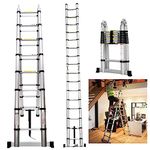 Ladder A Frame Telescopic Ladder 3.8m Aluminum Telescoping Extension A-type Ladder Multi-Purpose with Stabilizer Bar for Home Office Loft, EN131 Standard