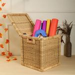 AKWAY Wicker Water Hyacinth Kauna Grass Bamboo Cane Storage Basket With Lids | Laundry Hampers For Bathroom Wicker Laundry Basket Storage Basket(14"L X 14"W X 16"H, Square, Beige)