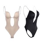 Invishaper - Plunge Backless Body Shaper Bra, Backless Body Shaper Bra, Sexy Seamless Thong Full Bodysuits (Khaki+Black,Large)