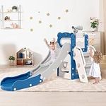 Lischwert Kids Slide Toddler Slide 5 in 1 Freestanding with Basketball Hoop Toddler Climber Slide Playset (Blue Grey)