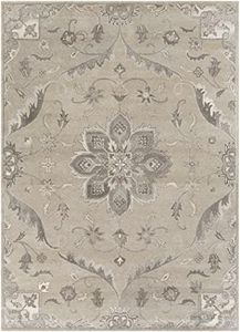 BoutiqueRugs Beige Bordered Traditional Wool 8x11 Area Rug Hand Tufted Taupe Charcoal Black Tan Oushak Peterstown Living Room Bedroom Dining Room Home Office Apartment Stain Resistant Non-Shedding