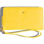 NEORAH – Yellow Women's wallet | Handcrafted large Ladies Wallet Clutch organizer with zip around closure | Tote wallet made with Vegan Leather | Large size wallet with multiple card slots for credit cards, debit cards| Large capacity clutch with room for cash, mobile,pen & trinkets| zipped pocket for coins| detachable wristlet wrist strap| Slim, long purse for travel & office