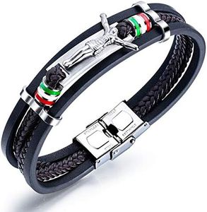 Thintom Mens Stainless Steel Genuine Leather Bracelets for Men Cool Spike Wrist Cuff Bracelets with Buckle Clasp Custom Engrave (Jesus)
