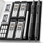 Nicpro 2 PCS Mechanical Pencils 0.5mm & 0.7 mm with Case, MP1000 Metal Artist Pencil Set with 4 Tubes HB Lead Refills, 2 Erasers, 9 Eraser Refills For Art Writing Drafting, Drawing, Sketch, Black