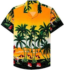 Alimens & Gentle Hawaiian Shirt Cotton Regular Fit Short Sleeve Casual Beach Shirt for Men, Orange Palm, Small