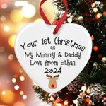 Your First Christmas as my.. Love From Name Ceramic Heart Bauble | Ceramic Reindeer 1st Xmas New Baby Christmas Ornament | Christmas Baby Gifts For All The Family (Mummy & Daddy)