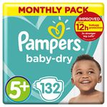 Pampers Baby Nappies Size 5+ (12-17 kg / 26-37 lbs), Baby-Dry, 132 Count, MONTHLY SAVINGS PACK, Air Channels for Breathable Dryness Overnight