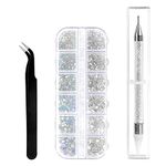 Sularpek 1500 Pcs Rhinestones, 6 Sizes Flat Back Gems, AB Clea Crystal Nail Art Rhinestones, with Pick Up Tweezers and Rhinestone Picker Dotting Pen, Nail Art Tools for Crafts Nail and Face