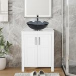 Puluomis 24 Inches Traditional Bathroom Vanity Set in White Finish, Single Bathroom Vanity with Marble Texture Top, Grey Glass Sink Top with Single Faucet Hole