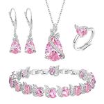 BriLove Wedding Bridal Jewelry Set, Teardrop Cubic Zirconia Crystal Pendant Necklace Leverback Earrings Tennis Bracelet Adjustable Ring Set Gift for Anniversary Birthday Mother's Day Pink Silver-Tone