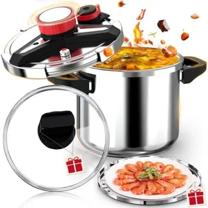 18/8 Stainless Steel Pressure Cooker 8 Qt, [One-Hand Locking] Pressure Cooker,[3-In-1] Olla de Presion, Induction,Gas Stovetop Compatible, Includes Glass Lid & Steamer Rack
