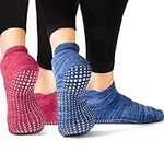 LA Active Grip Socks - 2 Pairs - Yoga Pilates Barre Ballet Non Slip Covered (Slublime Blue and Knit Ruby, Medium)