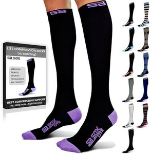 SB SOX Lite Compression Socks for Men & Women (15-20mmHg) – Best Compression Socks for Travel, Sports, and Daily Wear - XXL Sizes too! (Black/Purple, S/M)