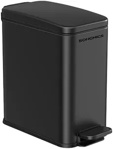 SONGMICS Bathroom Trash Can, 1.3 Gallon (5 L) Small Trash Bin with Lid, Slim for Small Spaces, Stainless Steel Garbage Can, Soft Close, Black ULTB560B05