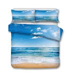 Bedding Set 3D Ocean Beach Blue Sky and White Clouds Romantic Scenery Design Pattern Double Size Duvet/Quilt Cover Multicolor Bedroom Decorative Bed Set Zipper Closure Easy Care