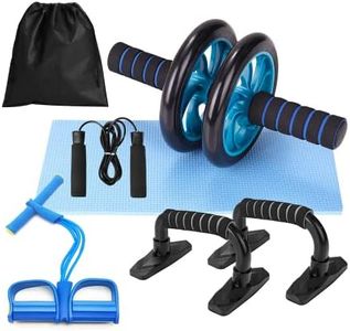 Kit Entrenamiento con Rodillo Abdominales, Comba de Saltar, Barra de Flexiones, Cuerda Elástica de Resistencia con Pedales y Alfombra para Rodillas. Set Fitness 5 en 1 Ejercicios en Casa y Gimnasio.