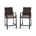 PHIVILLA Outdoor Patio Bar Stools with Brown Wicker Backrest & Metal Frame, All Weather Bar Height Rattan Patio Chairs with Armrest, Barstool Patio Furniture for Lawn Garden, Beige Cushion, Set of 2