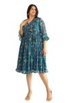 Janasya Women's Plus Size Blue Dobby Georgette Ikat Printed Flared Dress (PJNE4336-DR-N-4XL)