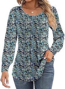 Ficerd Women's Puff Long Sleeve Tunic Tops Pleated Crew Neck Blouses Dressy Casual Loose Fit Fall and Winter Shirts, Blue Floral, Large