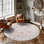 JINCHAN Round Rug 5Ft Area Indoor Vintage Hallway Circle Washable Thin Floral Print Non Slip with Rubber Backing for Living Room Dining Bedroom Entryway Pink