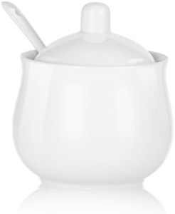 CHILDIKE Ceramic Sugar Bowl with Lid and Spoon, White Porcelain Sugar Salt Pepper Storage Jar, 8 Ounces