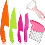 AKlamater 6PCS Kitchen Safety Knives for Kids, 4PCS Children's Cooking Knives in 4 Sizes, Plastic Cutting Board & Paring Knife for Vegetables Fruits Salad Cheese(Pink)