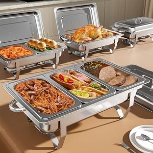 Amhier Chafing Dish Buffet Set, 9QT High Grade Chafing Dishes for Buffet, Chafers and Buffet Warmers Sets for Birthday, Wedding, Rolled-Edge Design with Silver, 4 Pack, 7 Pans