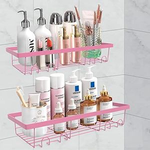 Durmmur 2 Pack Adhesive Shower Caddy Organizer with Hooks, Rustproof No Drilling Wall Mounted Storage Shelf Rack for Inside Shower/Bathroom/Kitchen (Pink)