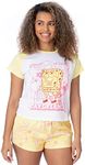 SPONGEBOB SQUAREPANTS Womens Pyjamas | Ladies Daydreamer Character Coral White Raglan T-Shirt Elasticated Yellow Shorts | TV Series Movies Merchandise